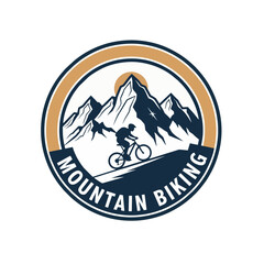 Vintage Style Mountain Bike Badge With Rugged Mountains and a Rider Silhouette, Vector Design