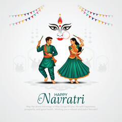 Navratri or Garba Night poster for Dussehra festival of India. Creative vector illustration design of couple playing Dandiya dance.
