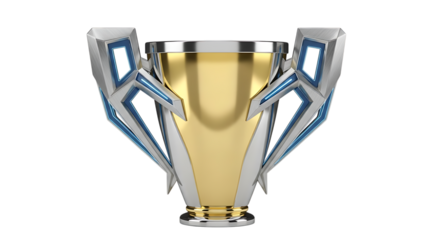 Prestigious golden trophy with silver handles reflecting success and victory champion award isolated on transparent background