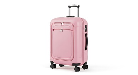 A single pink suitcase with a telescopic handle and wheels, isolated on white background