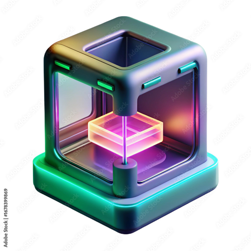 Poster 3d printer creating a cube with neon light isolated on transparent background