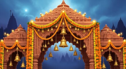 Ornate hindu temple gate decorated with bells and marigold garlands
