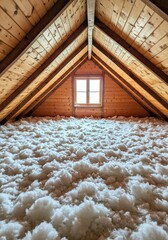 old abandoned building, Home attic filled with fluffy cellulose insulation for energy efficiency. Insulation covers floor, rafters, blocking heat transfer. Eco-friendly material improves thermal comfo