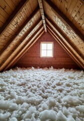 wooden fence and snow, Home attic filled with fluffy cellulose insulation for energy efficiency. Insulation covers floor, rafters, blocking heat transfer. Eco-friendly material improves thermal comfor