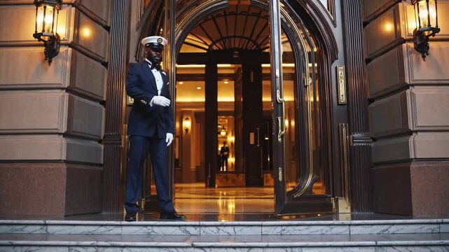 Doorman stands at grand entrance of luxury hotel ready to greet guests during evening