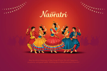 Navratri or Garba Night poster for Dussehra festival of India. Creative vector illustration design of people playing Dandiya dance.