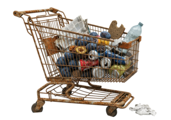 Heavily rusted, dented shopping cart containing urban decay remnants, isolated on a transparent studio background, concept of urban decay and forgottenness