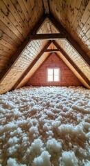 the roof of the house, Home attic filled with fluffy cellulose insulation for energy efficiency. Insulation covers floor, rafters, blocking heat transfer. Eco-friendly material improves thermal comfor
