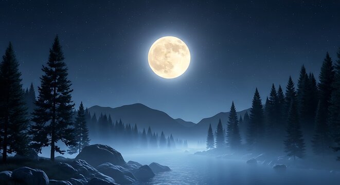 A serene night landscape with a full moon illuminating a misty forest and mountains