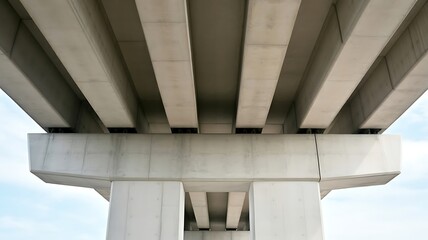 Obraz premium Bold concrete bridge structure with repeating geometric patterns against a soft sky