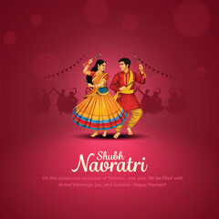 Navratri or Garba Night poster for Dussehra festival of India. Creative vector illustration design of couple playing Dandiya dance. © RMAKE