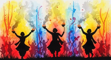 Silhouette of people dancing dandiya with watercolor splash background