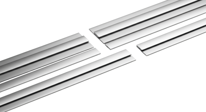 Three metallic silver industrial adhesive tape strips with brushed texture, precisely cut, on a transparent studio background with soft reflections, advanced engineering and precision concept - Powered by Adobe