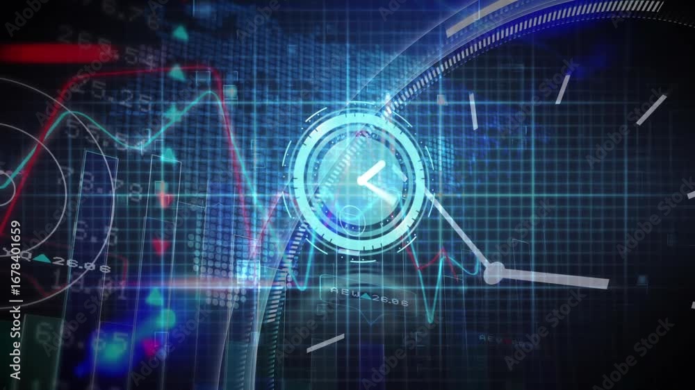 Aufkleber animation of neon ticking clock over light sparkles and data processing against blue background