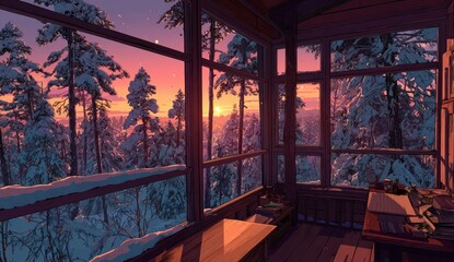 Fototapeta premium Snowy winter sunset view from a wooden cabin