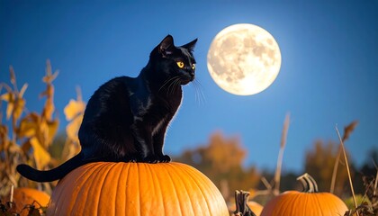 halloween black cat with pumpkin