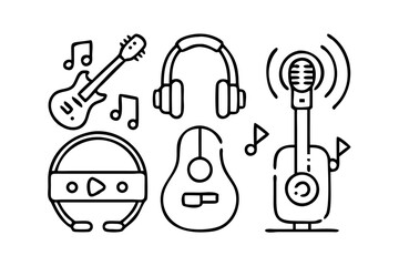 Collection of musical instruments including guitar, headphones, and microphone