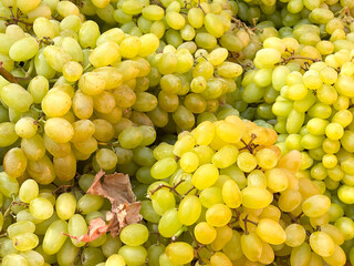 Fresh green grapes at market stall 
