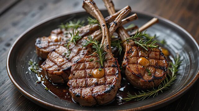 Grilled lamb chops on a plate garnished with rosemary and sauce on a wooden surface