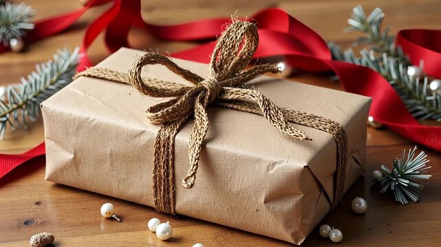 A Brown Paper Wrapped Gift Box with Twine Bow Surrounded by Festive Red Ribbon and Evergreen Sprigs on Wooden Table