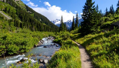 Obraz premium Mountain stream path through lush forest