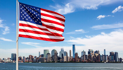 chicago skyline with american flag on foreground
