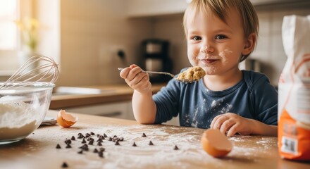 Joyful Toddler Enjoying Cookie Dough, Messy Face, Kitchen Baking Scene