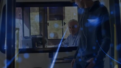 Animation of blue spots and light trails against caucasian man entering a bus - Powered by Adobe