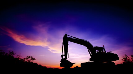 Excavator silhouette against vibrant sunset sky, construction site softly blurred in background.