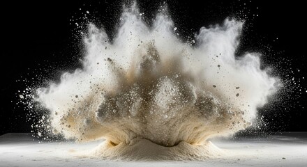 Dramatic flour explosion against a dark background creating dynamic patterns and shapes
