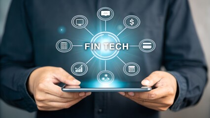 Person holding a smartphone displaying a fintech network diagram