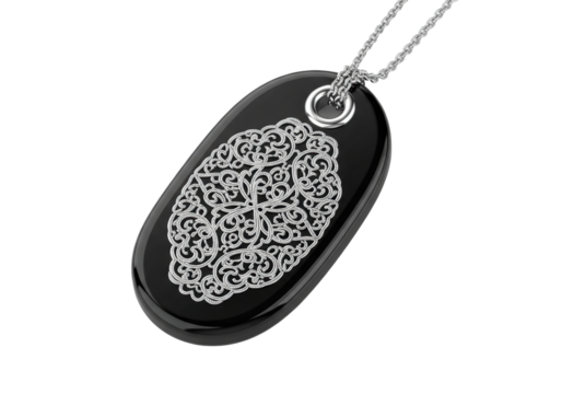 Ovoid obsidian tag, intricate silver filigree, silver chain, hanging on transparent background, soft studio lighting, macro shot, concept of ancient mystique and craftsmanship
