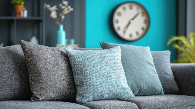 Gray couch with teal throw pillows in a modern living room