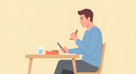 Vector illustration of a young man eating a sandwich for lunch while browsing on his smartphone at a table