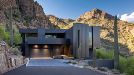 A contemporary dark house in a mountainous area with cacti, featuring large windows, sleek lines, and a lit entrance.