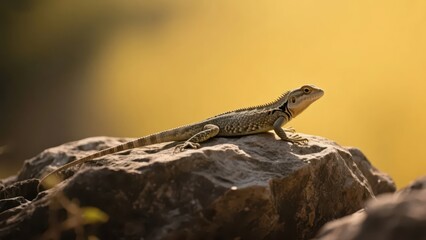 A lizard lies quietly on a rock, with a warm yellow background, fully showing natural wild charm.