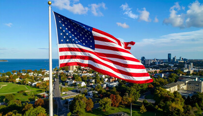 American flag in the wind of the city state