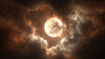 Fiery moon behind ominous clouds