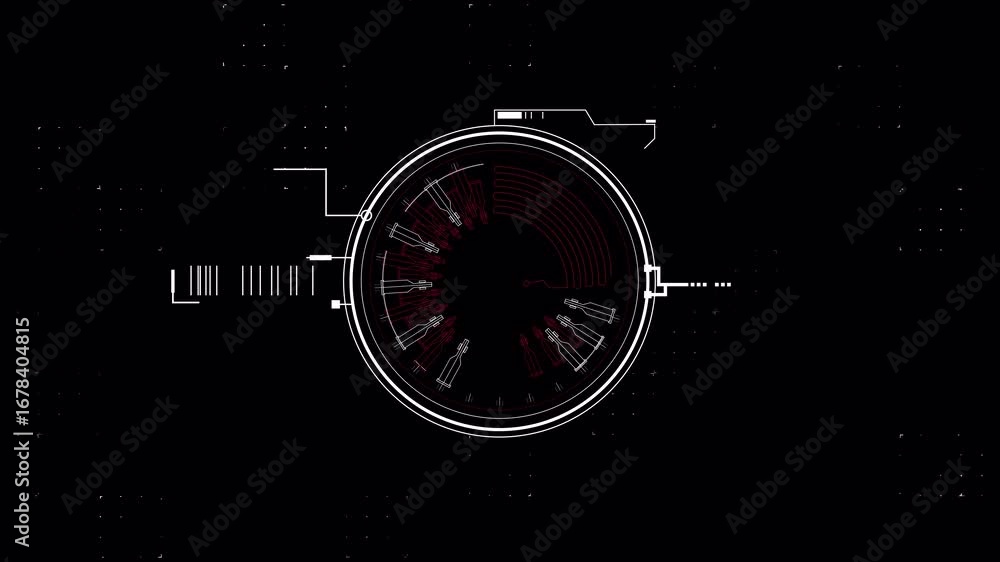 Poster abstract hud animation: circular data visualization with bottle icons on black background