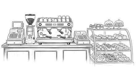 Delightful hand-drawn bakery and coffee shop display, sweet pastries and espresso