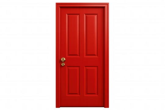Vintage golden doorknob adorning vivid red door, partially opened against transparent backdrop