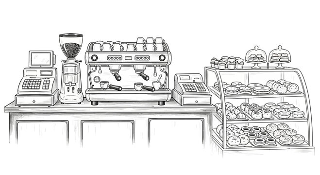Delightful hand-drawn bakery and coffee shop display, sweet pastries and espresso