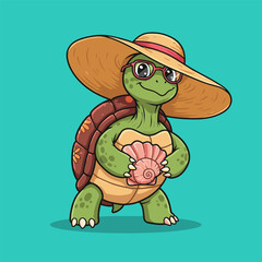 A smiling cartoon turtle in a straw hat and round glasses holds a spiral pink seashell, blending quirky charm with tropical flair against a turquoise backdrop.