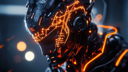 Futuristic robot head with orange lights