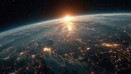 Earth rising, sunrise over continents.  