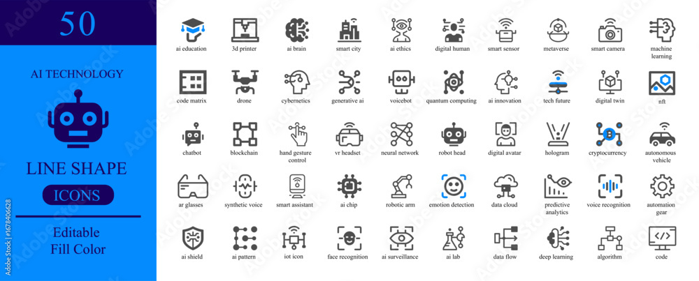 Wall mural vector art of set of 50 editable line shape icons representing artificial intelligence and future te