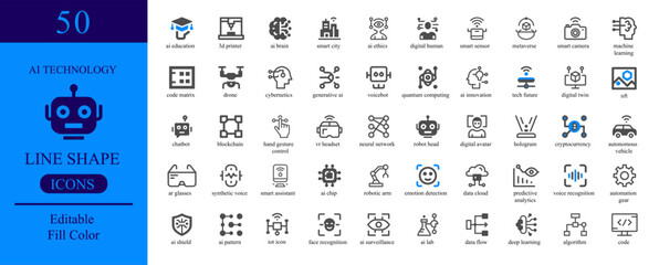 Vector art of set of 50 editable line shape icons representing artificial intelligence and future technology