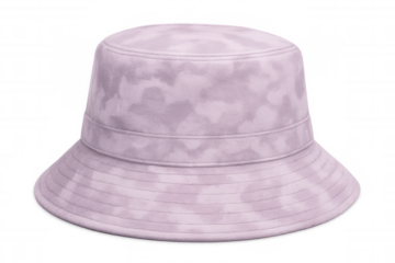 Pink bucket hat featuring distinctive graphic print, stylishly displayed against transparent backdrop, complementing contemporary fashion aesthetic