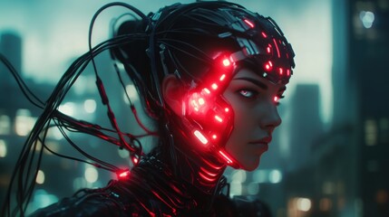 Cybernetic woman profile in futuristic city