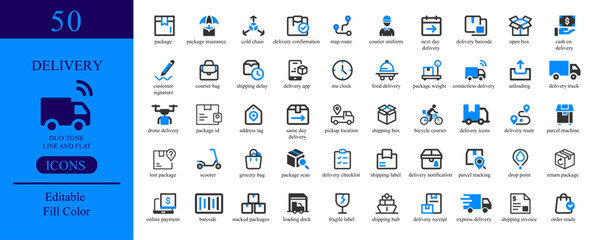 Vector art of delivery icons set with truck, box, package, shipping, transport, service, logistic, fast, online, order, business